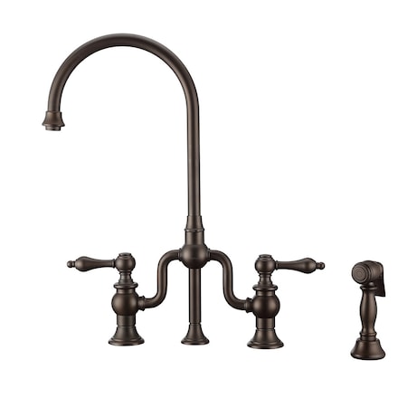 Whitehaus Bridge Faucet W/ Gooseneck Swivel Spout, Lvr Handles And Brass Side Spr WHTTSLV3-9773-NT-ORB
